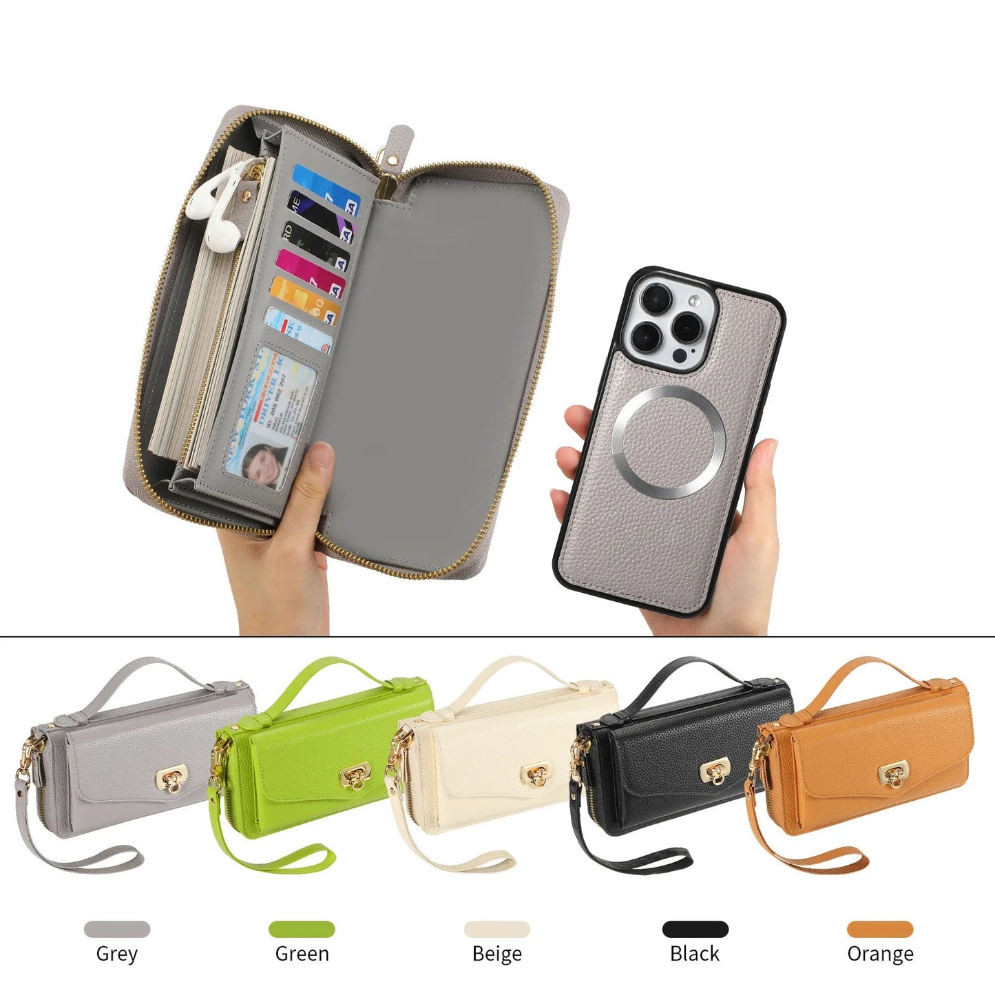 【ウォレットスタイル】財布一体型 分離式レザー調 ブックスタイル 手帳型 iPhoneケース｜ラウンドファスナー・ショルダー対応 #240204