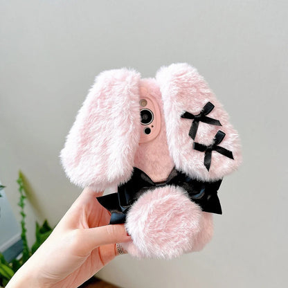 【ふわもこラビットリボン】うさ耳×ブラックリボン ファースマホケース｜iPhone対応 #250203