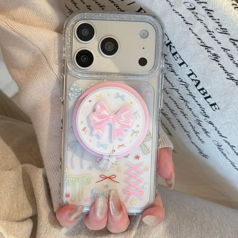 リボン総柄 クリアグリッター Magnetグリップ付き iPhoneケース #260213