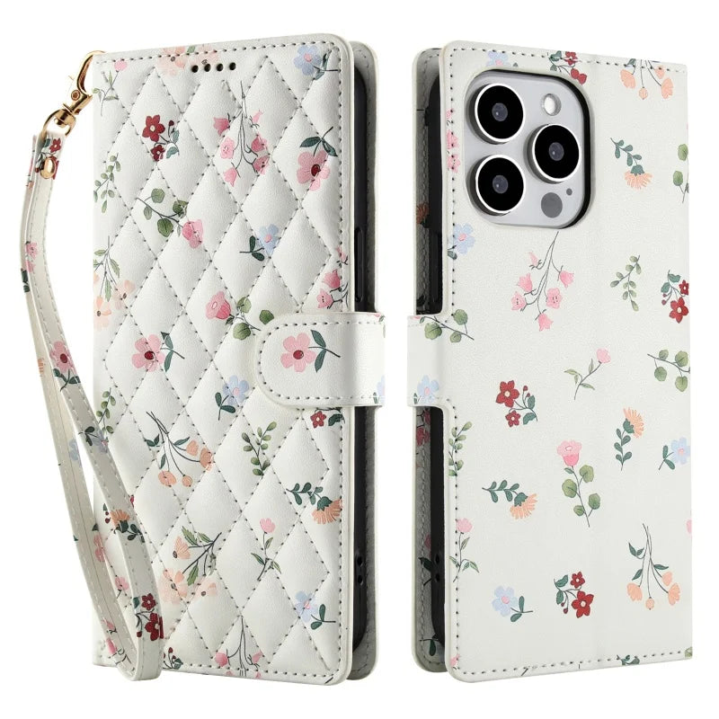 【ブックスタイル】花柄 フラワーキルティング ストラップ付き 手帳型 iPhoneケース｜カード収納 ショルダー対応 #240110