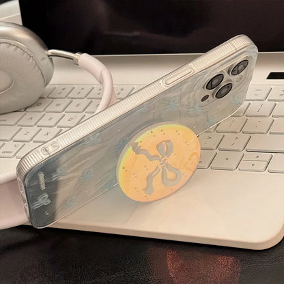 【ブルーホワイトリボン】ドットリボンモチーフ グリップ付き スマホケース｜iPhone対応 #240613