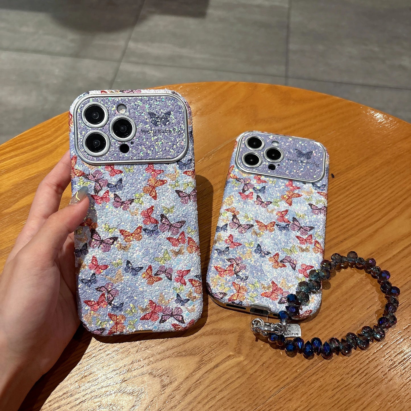 カラフル バタフライ パープルグリッター iPhoneケース｜ビーズストラップ付き #230709