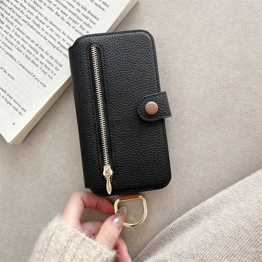 【ブックスタイル】キーリング付き レザー調 財布一体型 手帳型 iPhoneケース｜ファスナー収納・多色展開 #240128