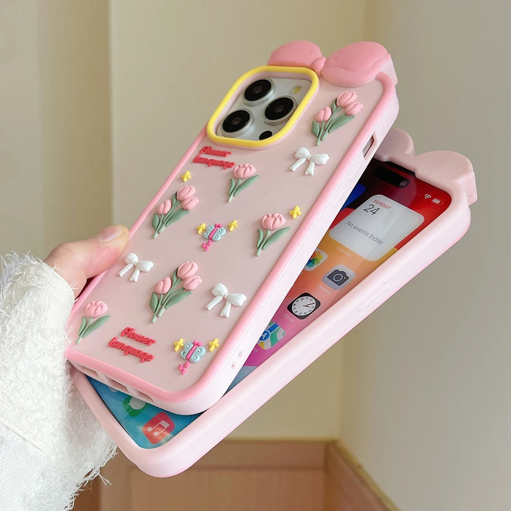 【フラワーリボンシリーズ】立体チューリップ＆蝶々モチーフ スマホケース｜iPhone対応 #250820