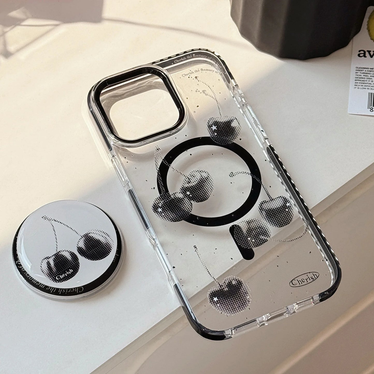 【Magnet対応】ブラックチェリー × 透明フレームケース｜iPhone対応 #240827