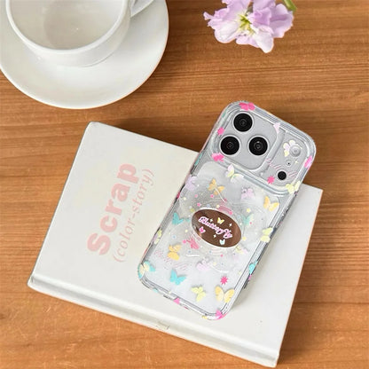カラフルバタフライ きらめきクリア グリップ付き iPhoneケース｜淡色フェアリー #260009