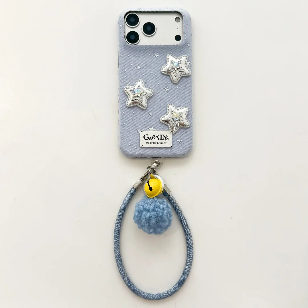 3Dシルバースター もこもこストラップ付き iPhoneケース｜星空グリッター・韓国ガーリー #260002