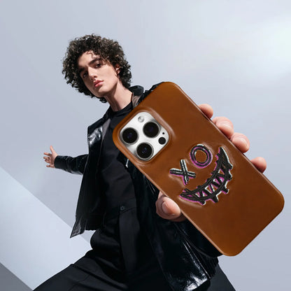 【本革シリーズ】艶あり スムースレザー スマイル ステッチケース｜iPhone対応 #240831