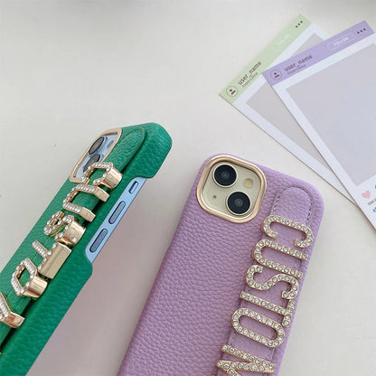 【カスタムシリーズ】名入れOK✨ ラインストーン レザー調 スマホケース｜iPhone対応 #250705