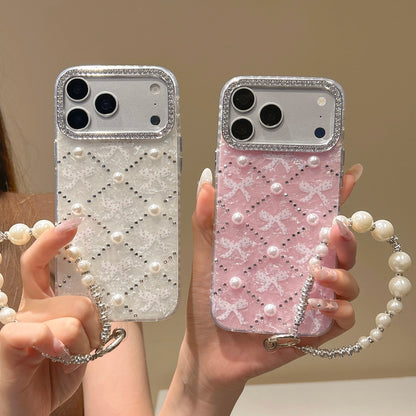 レース リボン キルティング風 ラインストーン パール ストラップ付 iPhoneケース | ガーリー・フレンチ風 #261004