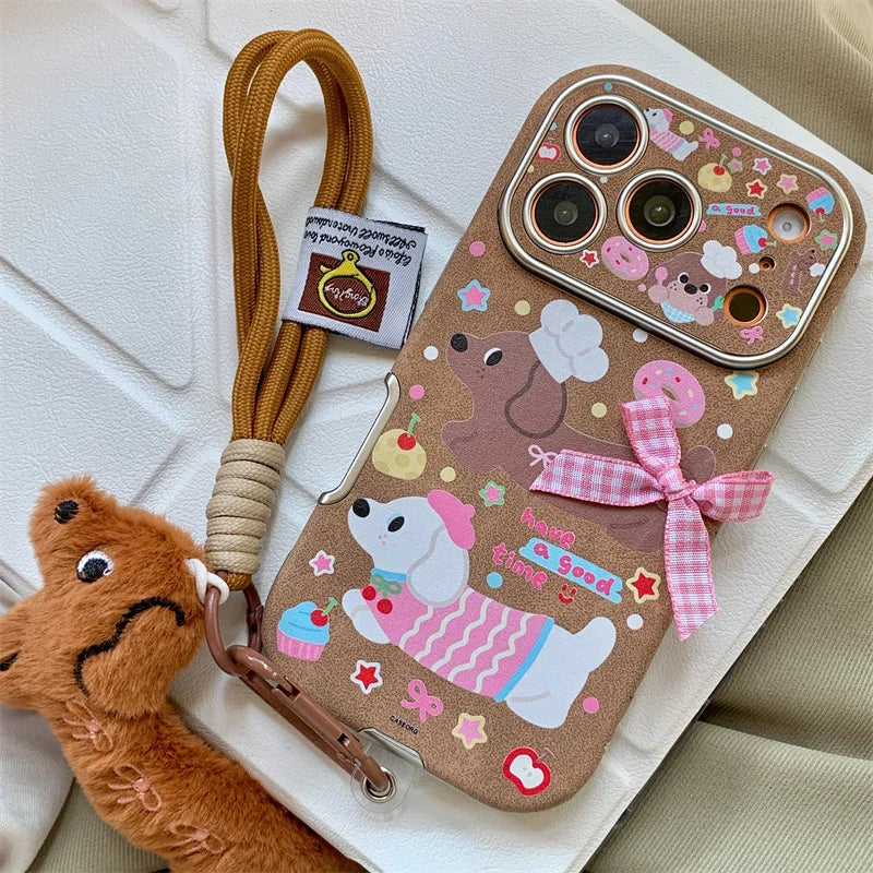 【スウィートダックス】チェックリボン×ドッグデザイン  ストラップ付き スマホケース｜iPhone対応 #241228