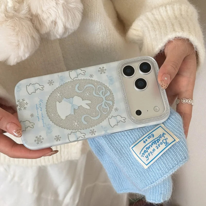 ラビットレース グリッターiPhoneケース｜うさぎモチーフ・キラキラフレーム・ファーチャーム付き #240501