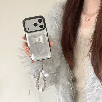 【シルバー立体リボン】ボールストラップ付き フェミニン スマホケース｜iPhone対応 #260206