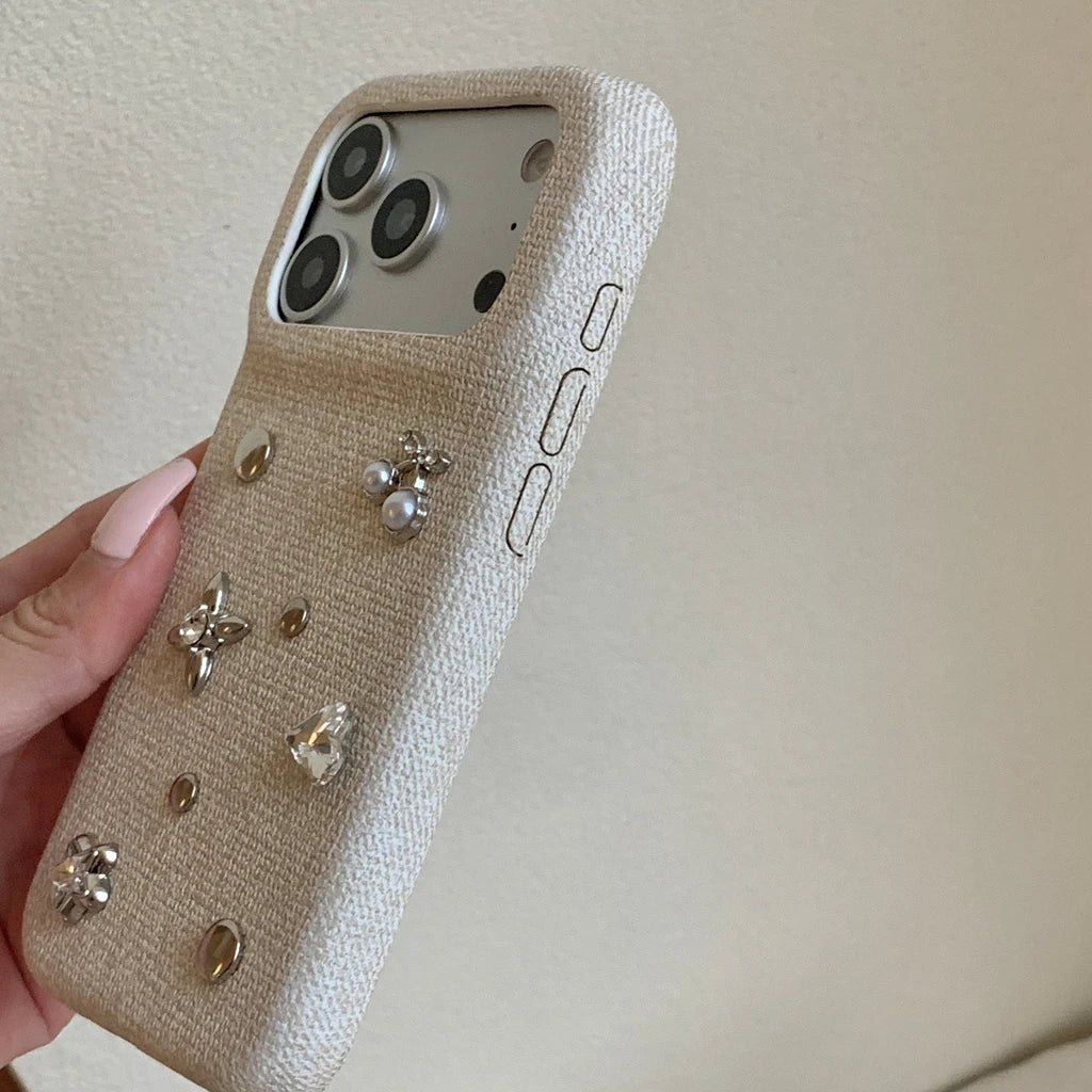 フラワー チェリーモチーフ iPhoneケース｜ビジュー装飾・布調デザイン #240530