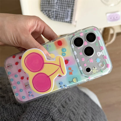 ポップチェリー 立体 さくらんぼグリップ付き クリア iPhoneケース｜カラフル・韓国デザイン #231130