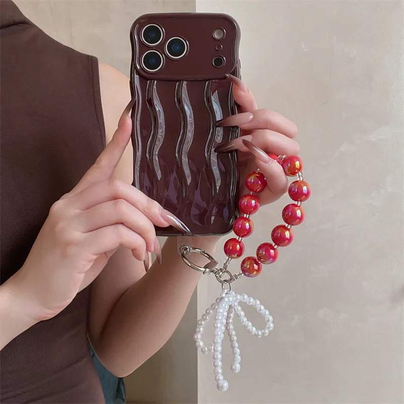 【ウェーブフレーム】パールチャーム付き スマホケース｜iPhone対応 #241217