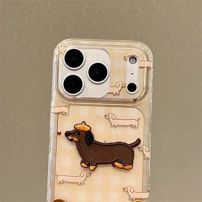 【ミニチュアダックス】刺繍ワッペン × クリアギンガムチェック レザー風 ストラップ付き スマホケース｜iPhone対応  #241221