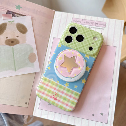 スターグリップ付き パステルチェック iPhoneケース｜ポップデザイン 星柄 スマホケース #260071