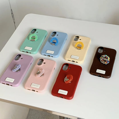 【レザー調】カラー ビーズ リング スタンド付き スマホケース｜iPhone対応 #250421