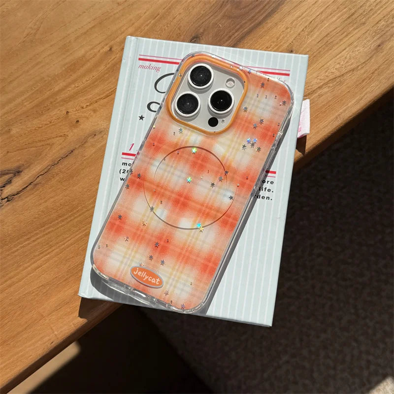 【Magnet内蔵】クリームケーキ オレンジ ギンガムチェック スマホケース｜ゆるかわポップソケット｜iPhone対応 #241203