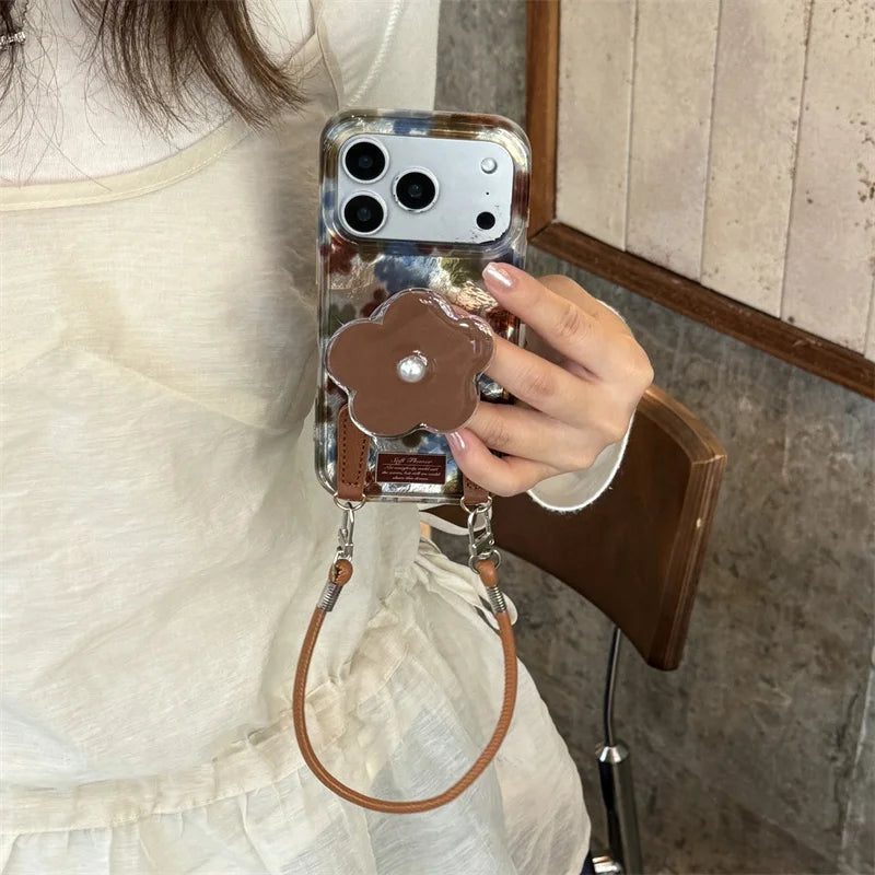 【フラワーパールスタンド】マーブル調×花柄 レザーチャーム付き スマホケース｜iPhone対応 #250312