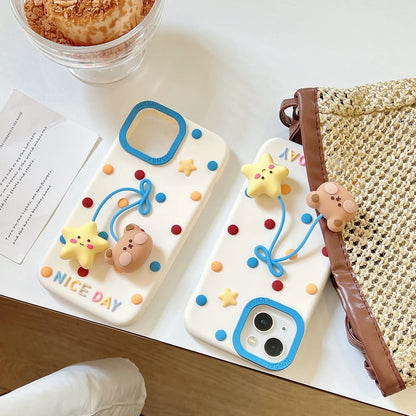 【アニマルシリーズ】くま＆スター 立体デザイン かわいいポップカラー スマホケース｜iPhone対応 #251015