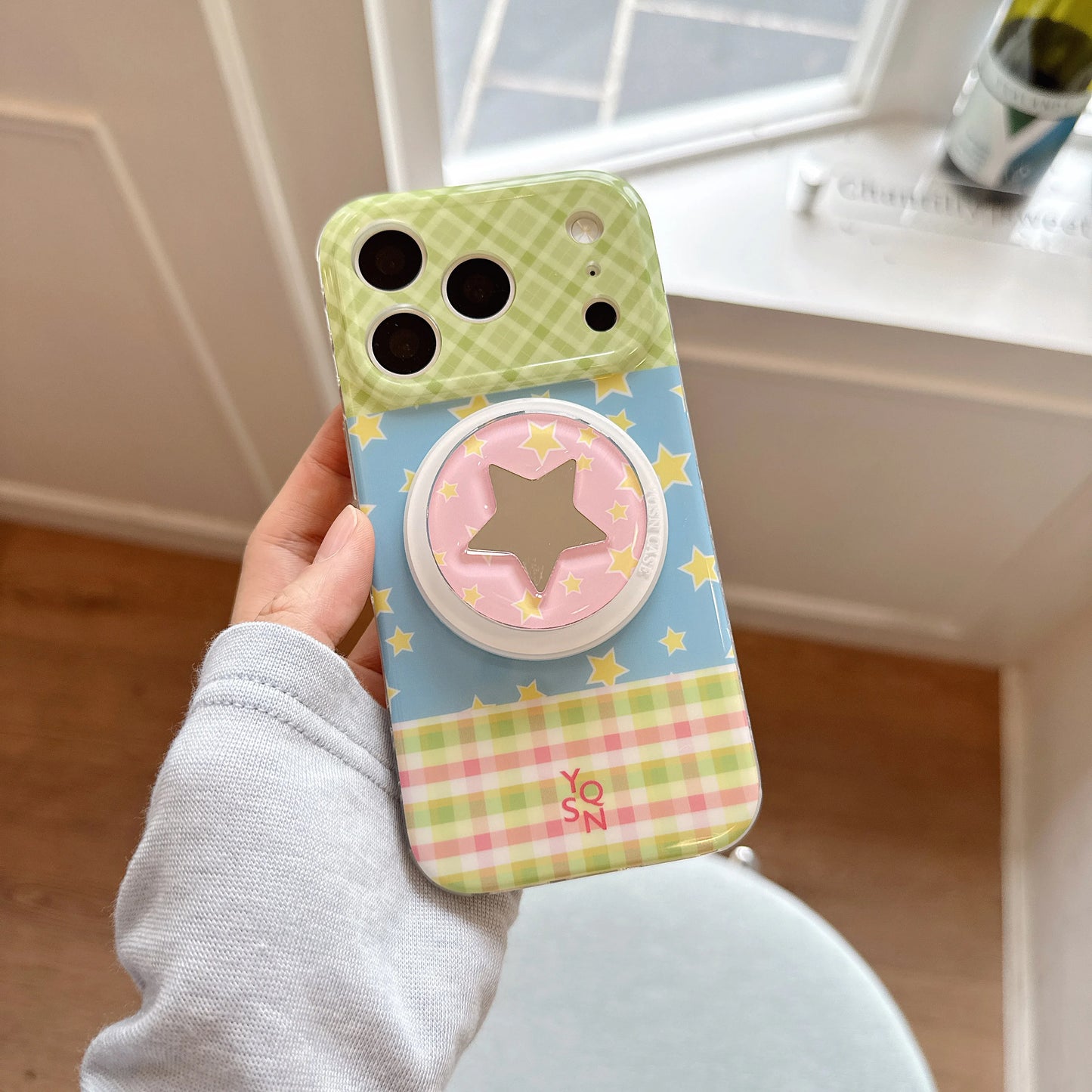 スターグリップ付き パステルチェック iPhoneケース｜ポップデザイン 星柄 スマホケース #260071