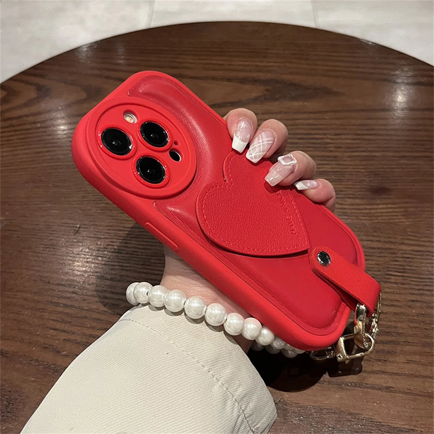 【ビッグハート】レザー調 パールストラップ付き スマホケース｜iPhone対応 #260205