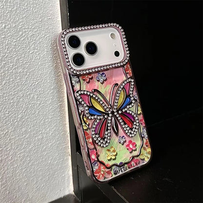 【バタフライシリーズ】立体蝶々×ストーン装飾 ステンドグラス風 クリアスマホケース｜iPhone対応 #251207