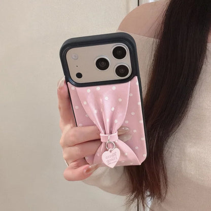 【立体リボン】 ハートチャーム付き ソフトレザー調 ドット柄 水玉 iPhoneケース #260209