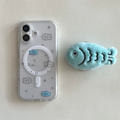 【Magnet内蔵】ふわふわ 3D フィッシュファー ポップスタンド × クリアデザイン スマホケース｜iPhone対応 #241226