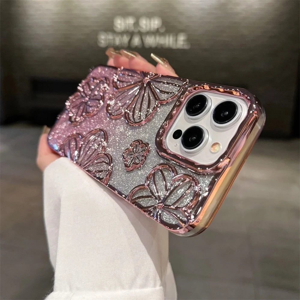 【グリッターフラワーシャイン】3Dフラワー × グラデーションラメ スマホケース｜iPhone対応 #250618
