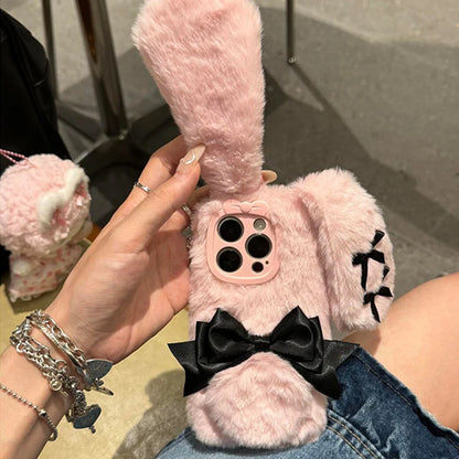 【ふわもこラビットリボン】うさ耳×ブラックリボン ファースマホケース｜iPhone対応 #250203