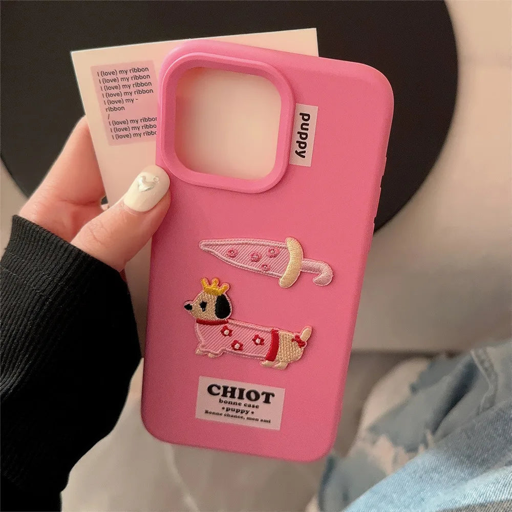 【ピンクパピークラウン】刺繍Dog 犬 × アンブレラ スマホケース｜iPhone対応 #250204