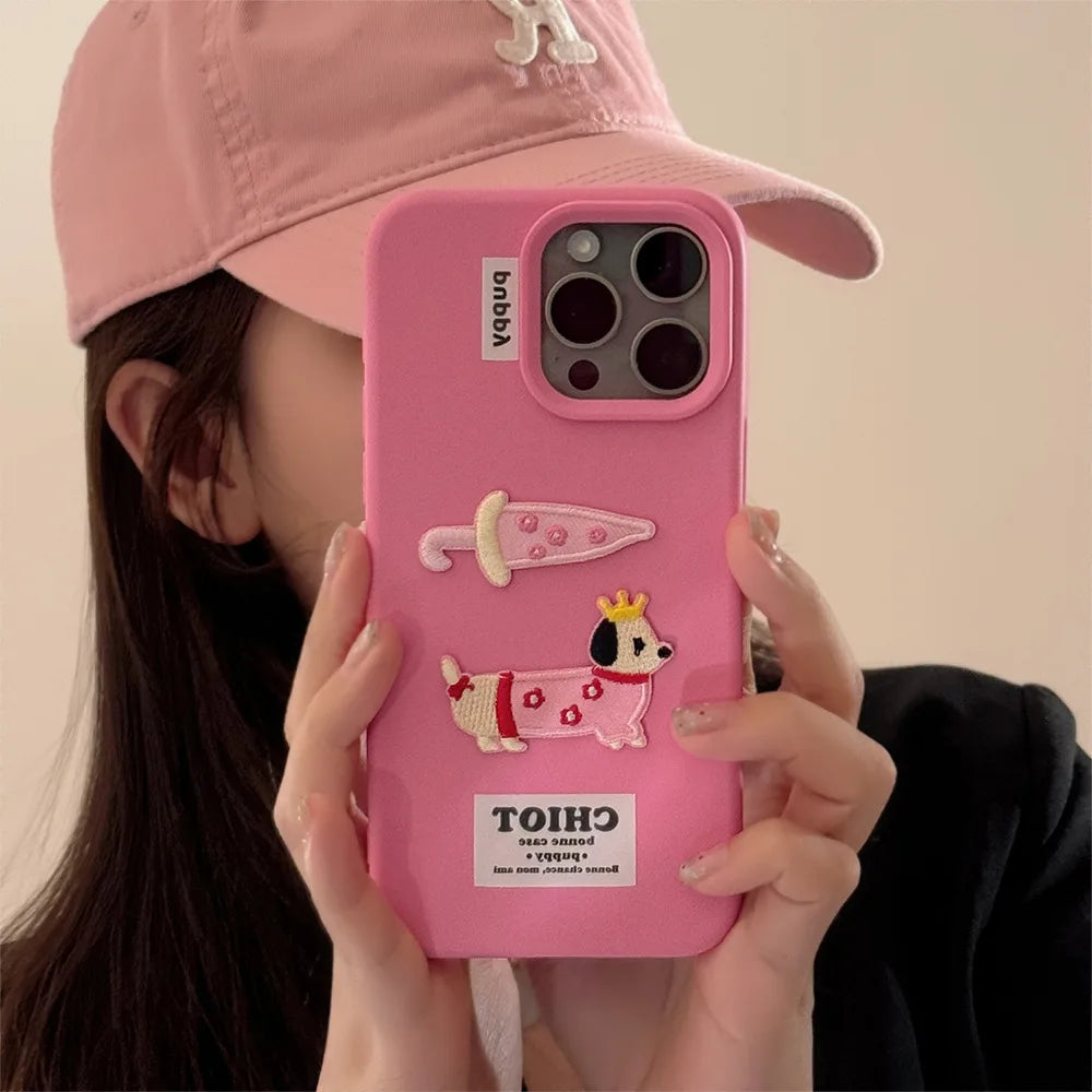 【ピンクパピークラウン】刺繍Dog 犬 × アンブレラ スマホケース｜iPhone対応 #250204