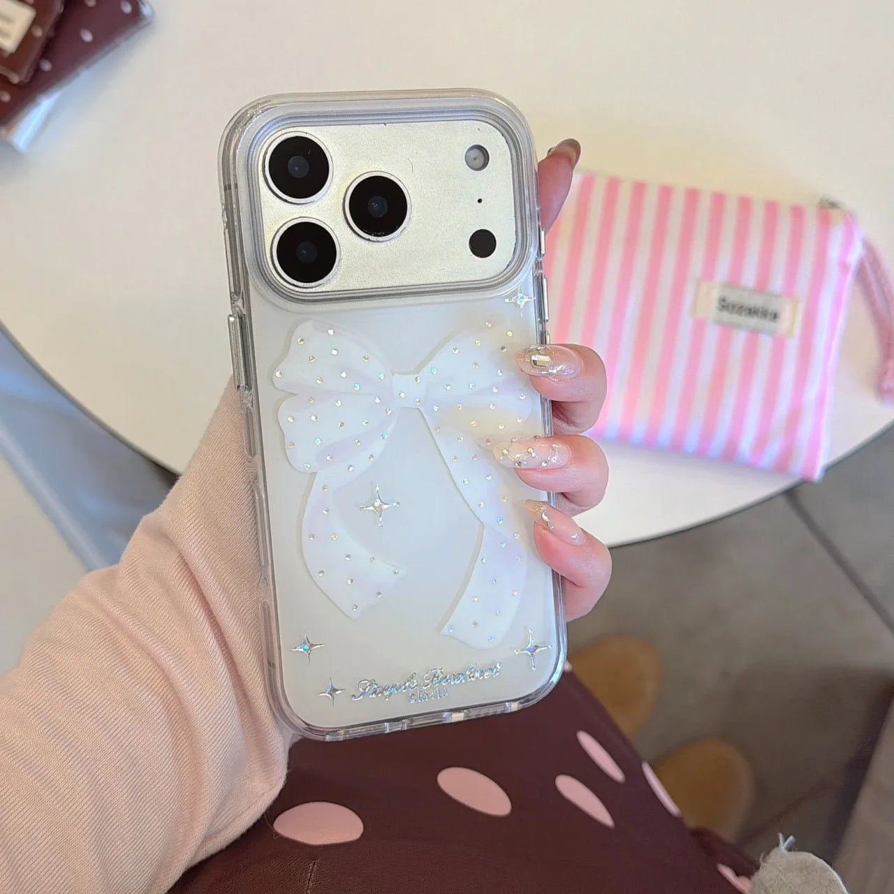 ビジュー ラメリボン ビーズストラップ付き クリア iPhoneケース #260602