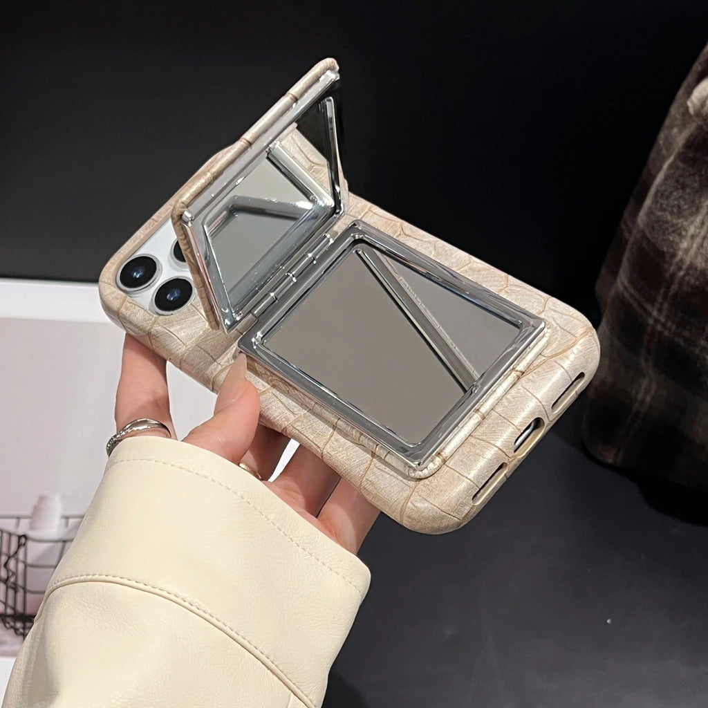 クロコ型押し レザー調 コンパクトミラー付き iPhone スマホケース #260530