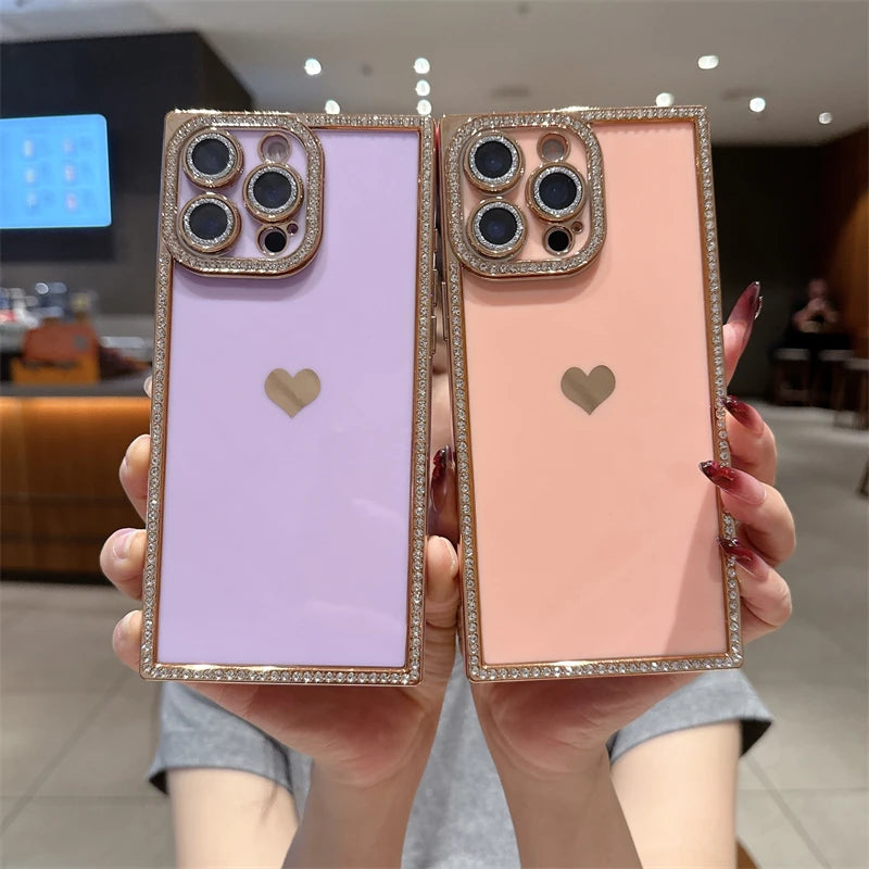 【スクエアシリーズ】キラキラビジュー ワンポイントハート スマホケース｜iPhone対応 #250816