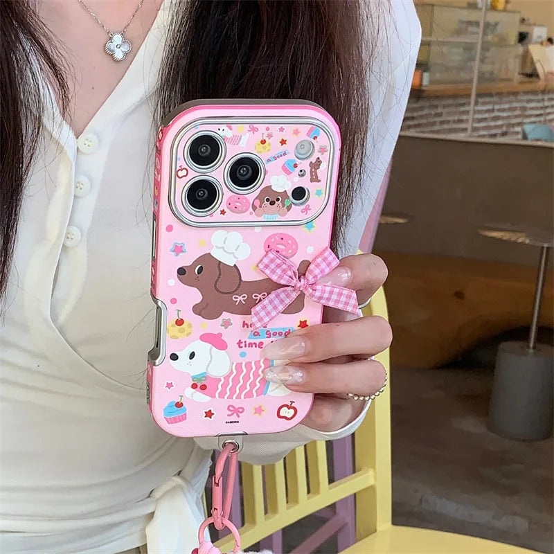 【スウィートダックス】チェックリボン×ドッグデザイン  ストラップ付き スマホケース｜iPhone対応 #241228