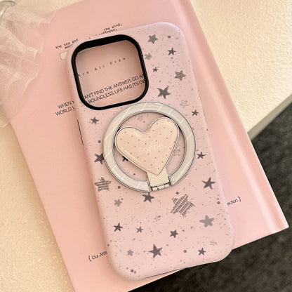 【マグネット式折りたたみハートスタンド付き】スプラッシュインク スター 星屑デザイン ハートリング付きスマホケース｜iPhone対応 #240629