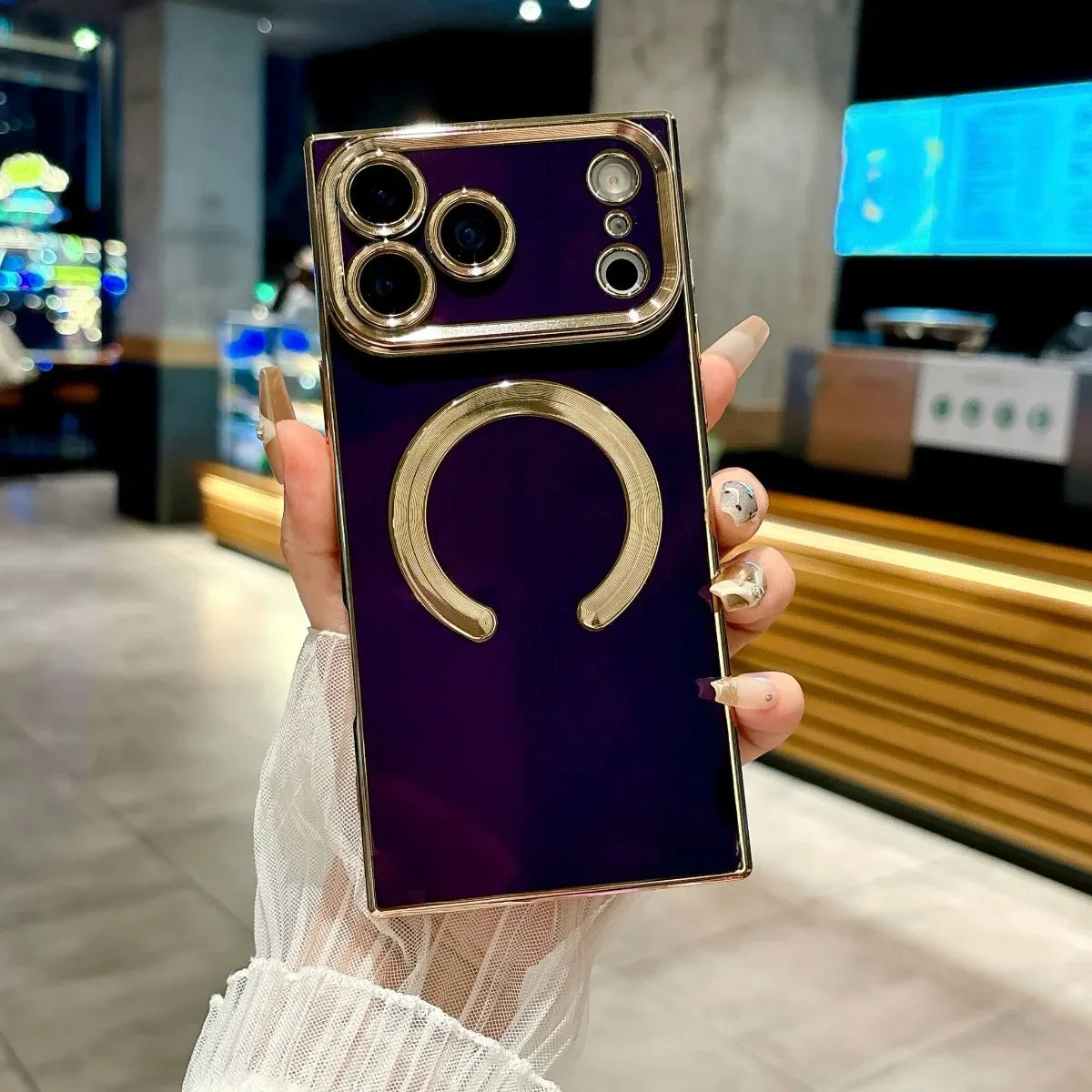 【スクエアシリーズ】Magsafe対応 メタリック縁取り スマホケース 高級感 薄型 背面保護 スマホケース カバー | iPhone対応 #250412