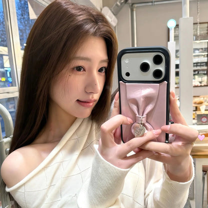 【立体リボン】 ハートチャーム付き ソフトレザー調  iPhoneケース #260207