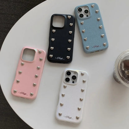 【ハートスタッズシリーズ】シルバーハート レザー デニム調 デザインスマホケース｜iPhone対応 #251217