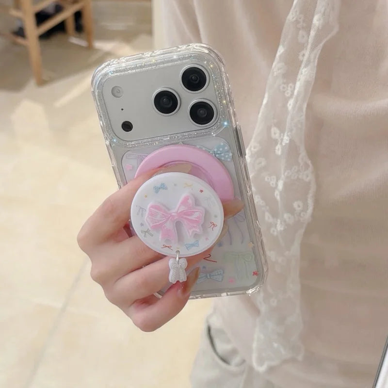 リボン総柄 クリアグリッター Magnetグリップ付き iPhoneケース #260213