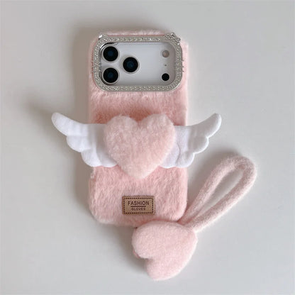 【もこもこエンジェル】ハート × 羽モチーフ ふわふわラブリーケース｜iPhone対応 #240910