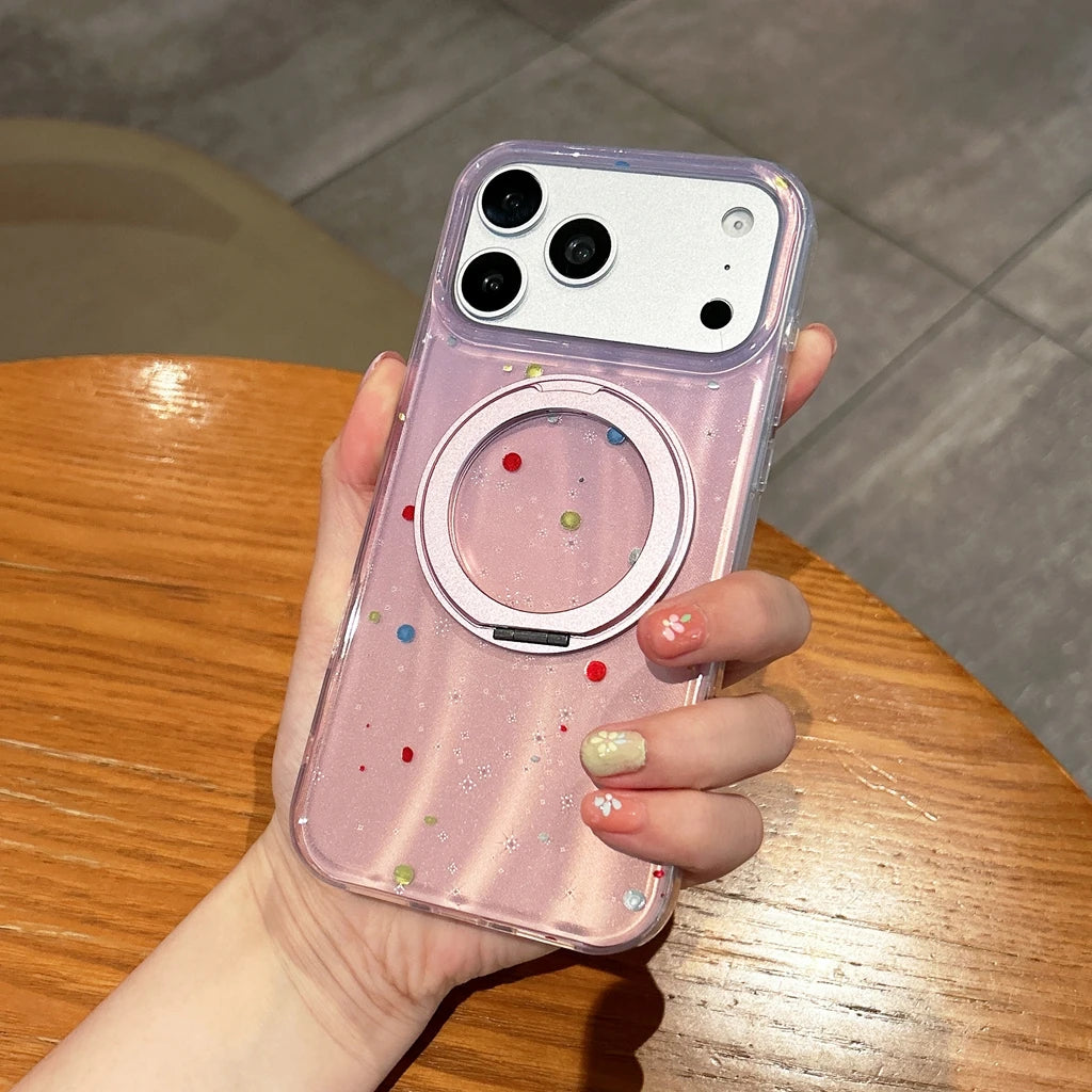 【ドット柄】オーロラグラデーション  iPhoneケース  折りたたみリングスタンド カラフルドット  回転リングホルダー 耐衝撃スマホケース #230901