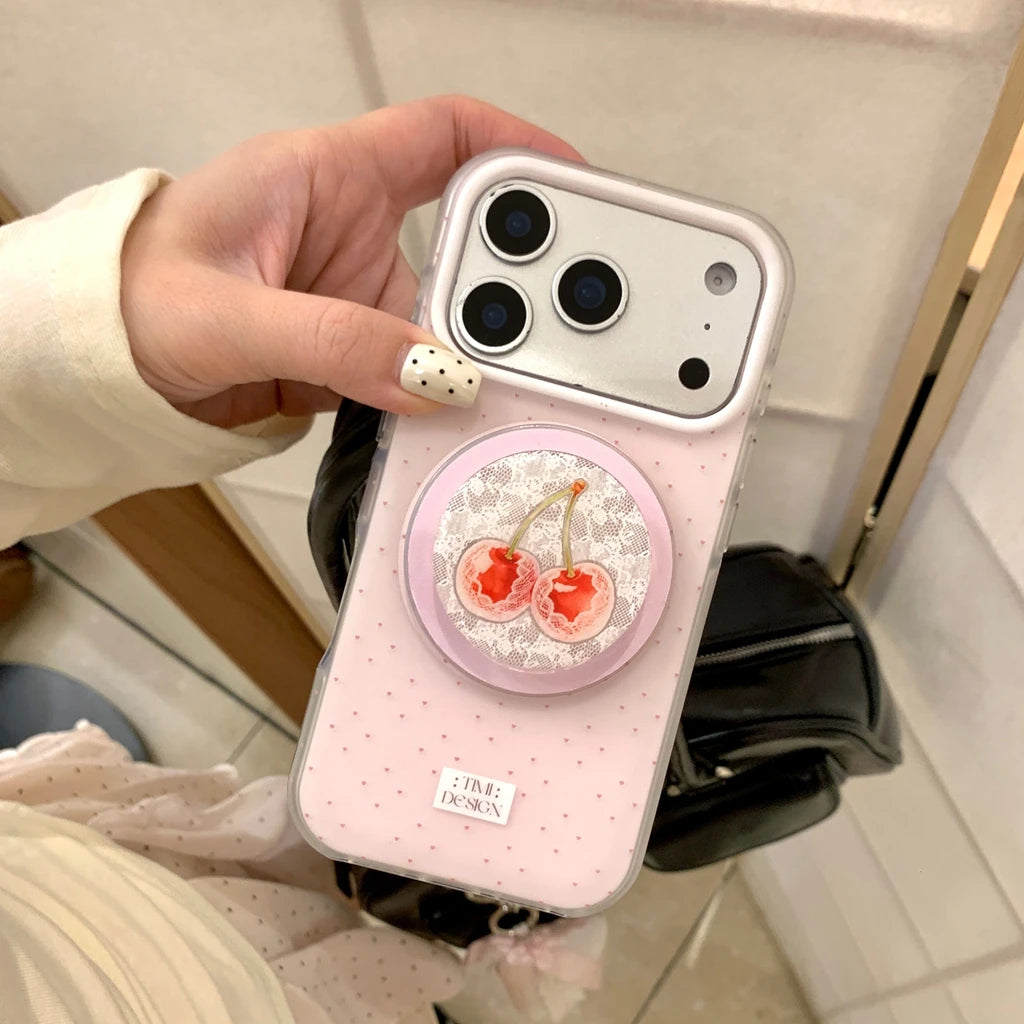 チェリーグリップ ドット柄 ピンク Magnet内蔵 iPhoneケース｜淡色・ガーリー #260047
