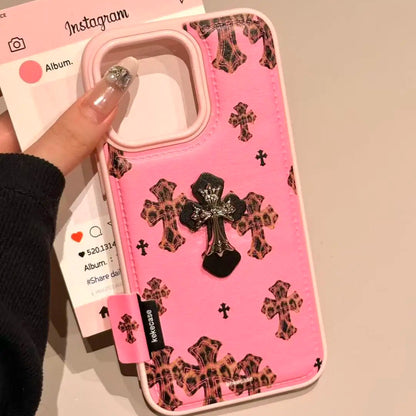 【レオパードクロス 】ヒョウ柄 十字架 × マットピンク スマホケース｜iPhone対応 #240729