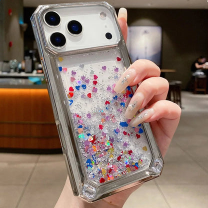 【流れるシリーズ】グリッタージュエル リキッド スパークル スマホケース｜キラキラハート入りデザイン｜iPhone対応 #241124