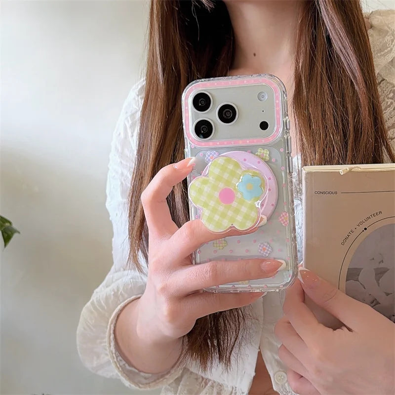 チェックフラワーグリップ 花柄 透明感 Magnet内蔵 iPhoneケース｜パステル #260028